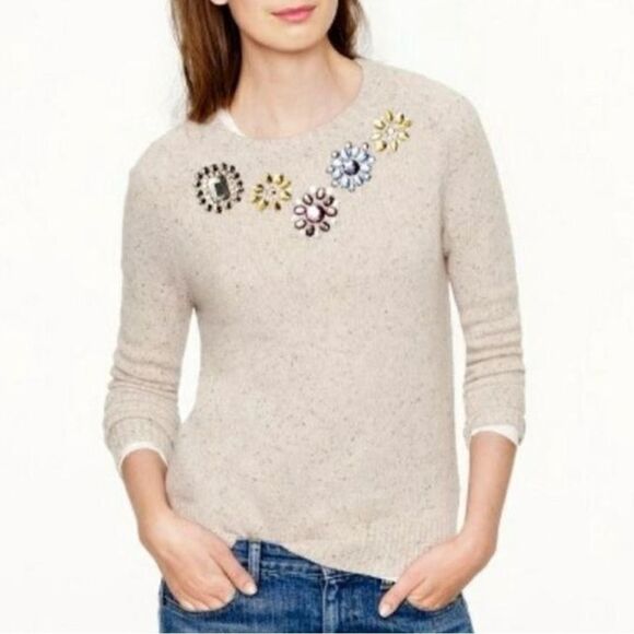 J. Crew Tan Boiled Lambs Wool Gem Grannycore Vintage Inspired Crewneck Sweater M - Picture 1 of 6